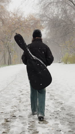 vista trasera de una persona caminando por un camino de parque nevado, llevando un paquete de guitarra, con árboles desnudos helados y bancos a lo largo del camino, creando una escena de invierno serena