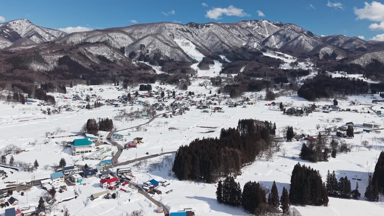 Beautiful winter landscape footage showing snowy mountains and a small town
