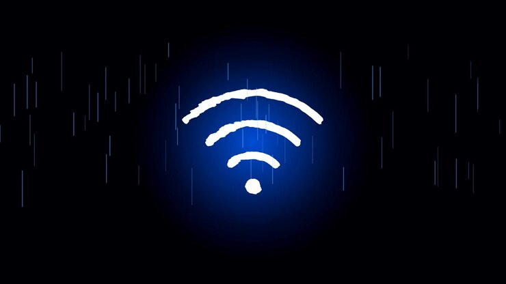 Simbolo Wi-Fi bianco luminoso su sfondo scuro con pioggia digitale
