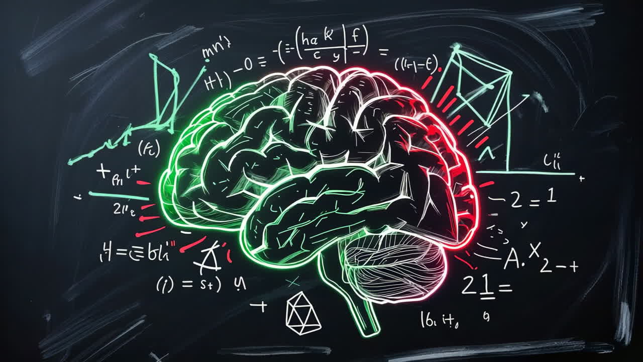 Abstract Glowing Brain with Mathematical Equations on a Blackboard