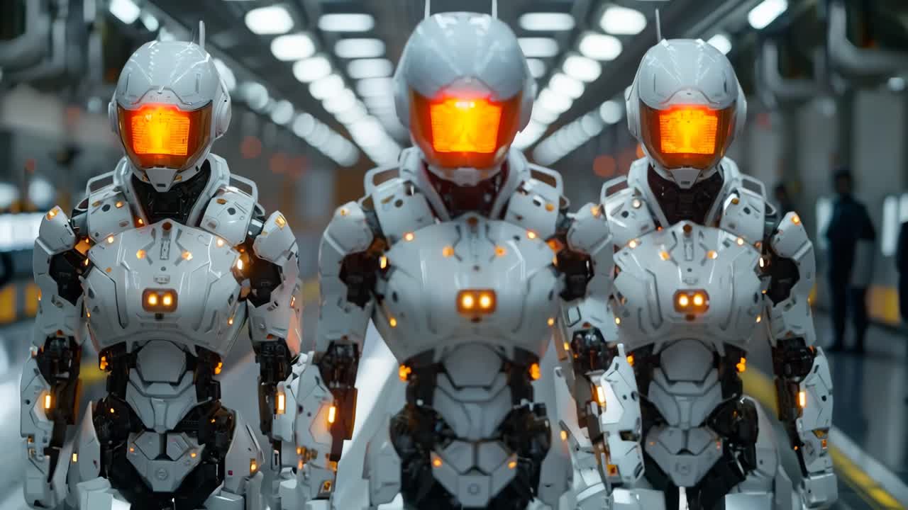 Three robots in white uniforms stand in a hallway. The robots are wearing helmets and have glowing lights on their bodies. The scene is futuristic and gives off a sense of advanced technology