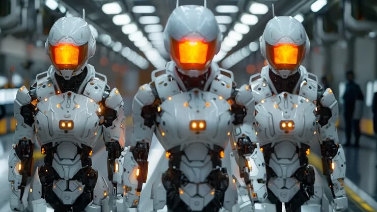 Three robots in white uniforms stand in a hallway. The robots are wearing helmets and have glowing lights on their bodies. The scene is futuristic and gives off a sense of advanced technology