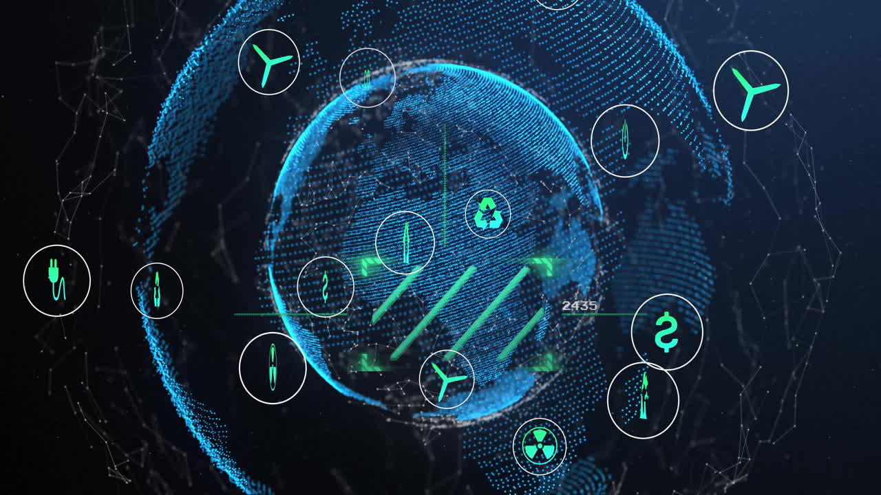 Glowing Earth globe displaying energy and sustainability icons in 3D render, connecting data points