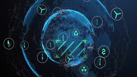 glowing earth globe displaying energy and sustainability icons in 3d render, connecting data points