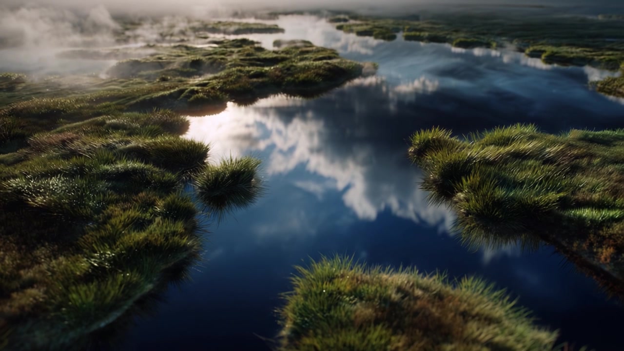 Fortryllende marsklandsrefleksion: En fængslende udsigt over frodige grønne græsarealer og reflekterende vande under en mystisk himmel med blød tåge i tidligt morgenlys.