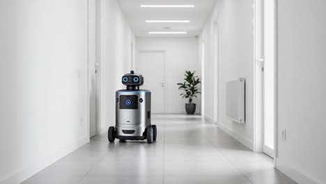 two advanced robots navigate a modern hallway, designed for efficient interaction and assistance in a cutting-edge environment
