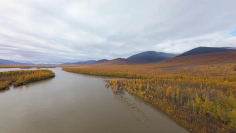 aerial view of autumn river landscape in mountains