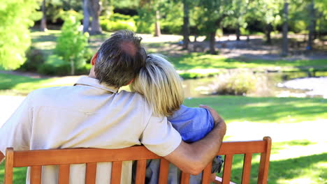 affectionate couple sitting on park bench