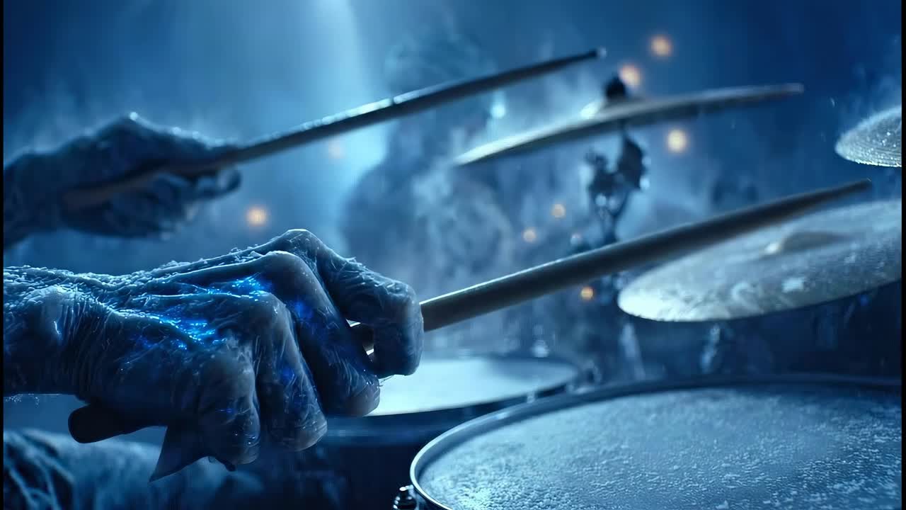 Drummer playing drums with blue light
