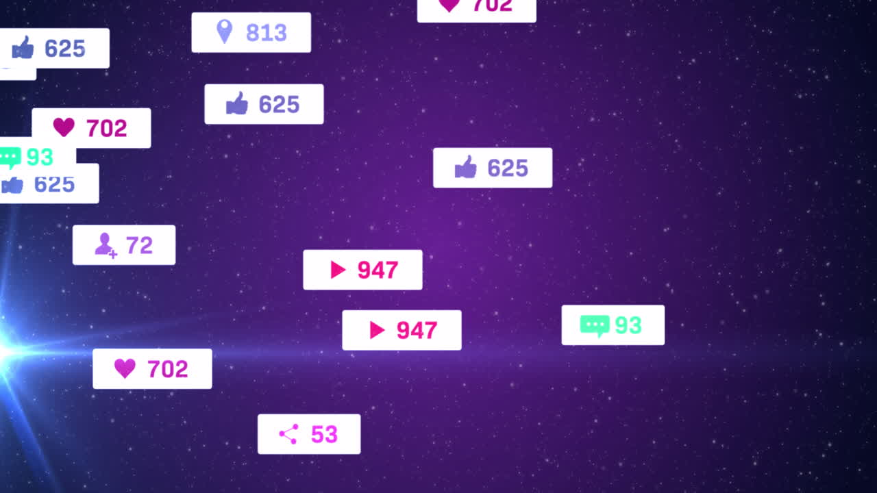 animación de cursores sobre iconos y números de redes sociales en banderas blancas y estrellas en cielo púrpura