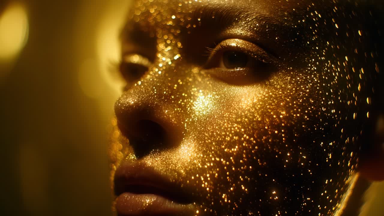Un ipnotico primo piano di un volto adornato con scintillanti glitter dorati, che cattura l'intrinseca bellezza e luminosità della pelle sotto una soffusa luce, evocando un senso di sognante eleganza e fantasia