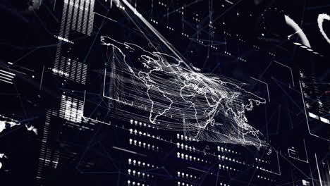 animation of network of connections and data processing over world map