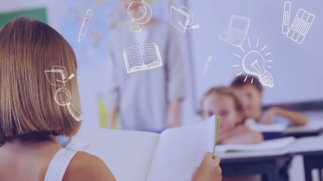 анимация школьных икон над разнообразными школьниками и учительницей в классе