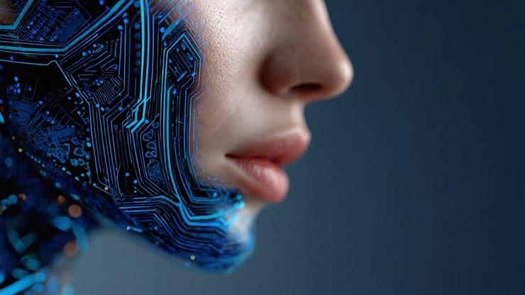 Primo piano di un volto futuristico ibrido che unisce fattezze umane e intricati motivi di circuiti, a simboleggiare l'evoluzione della tecnologia e dell'umanità