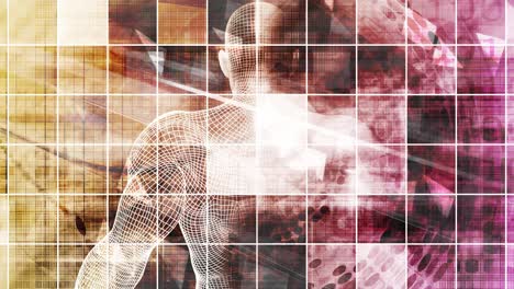 man surrounded by data information digital technology concept