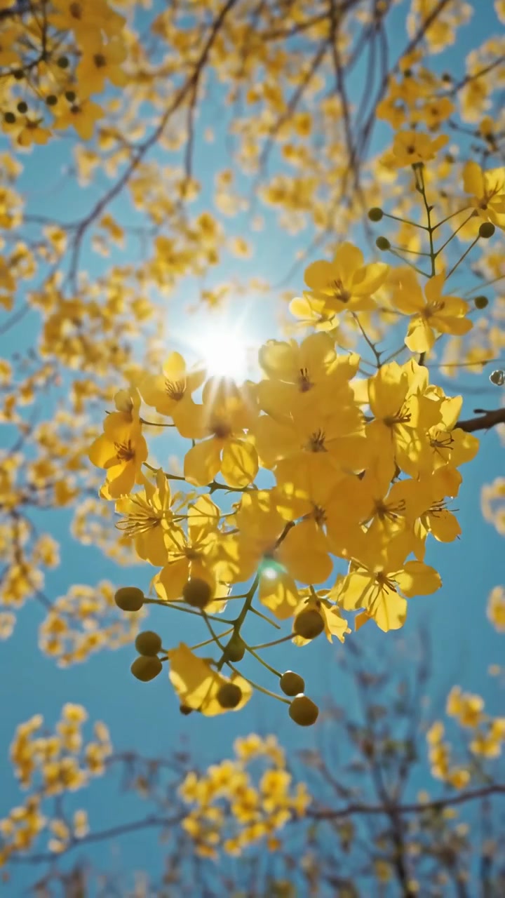 Fiori gialli vivaci che sbocciano contro un cielo azzurro brillante