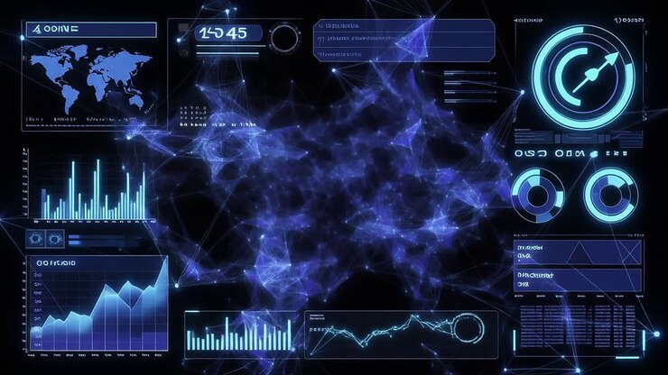 Futuristic Digital Interface with Data Visualization and Network Plexus