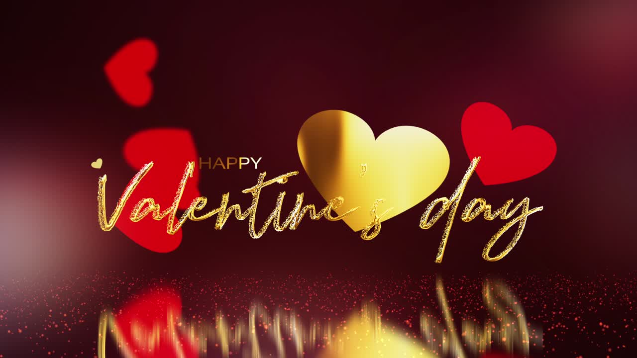 Loop animation Happy Valentines Day gold text letters with flying and rotate red hearts on black background with ground reflection. 4K 3D romantic Valentines day Gold Text Titles Greeting VDO footage.