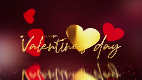 loop animation happy valentines day gold text letters with flying and rotate red hearts on black background with ground reflection. 4k 3d romantic valentines day gold text titles greeting vdo footage.