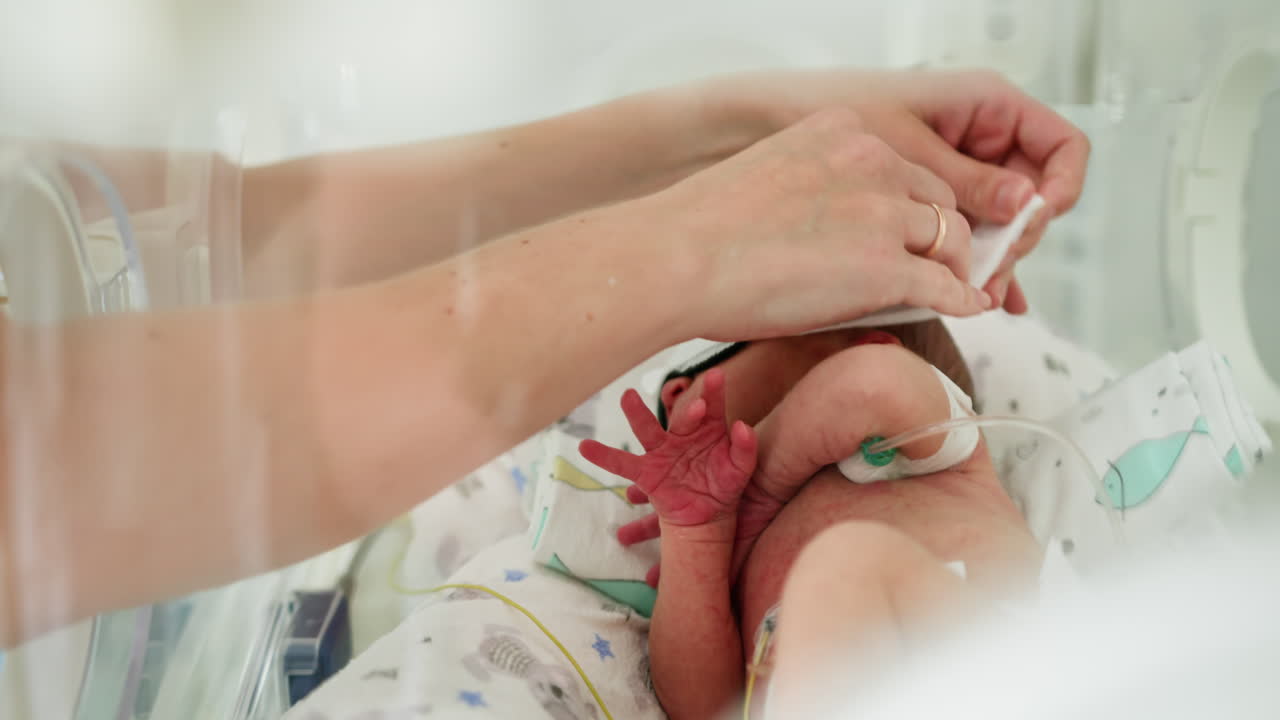 Infermiera che assiste un neonato in incubatrice