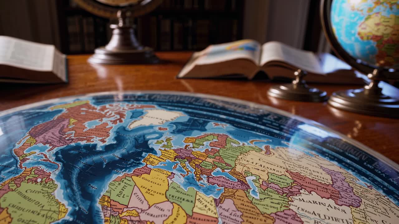 Foto em ângulo baixo de um mapa-múndi vintage em uma mesa de madeira, cercado por livros abertos e globos