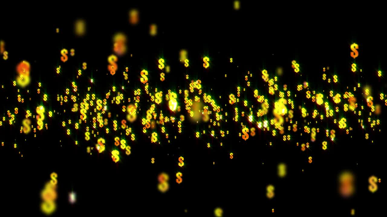 Gold dollar sign. Abstract background of flying particles. Loop video with alpha channel.