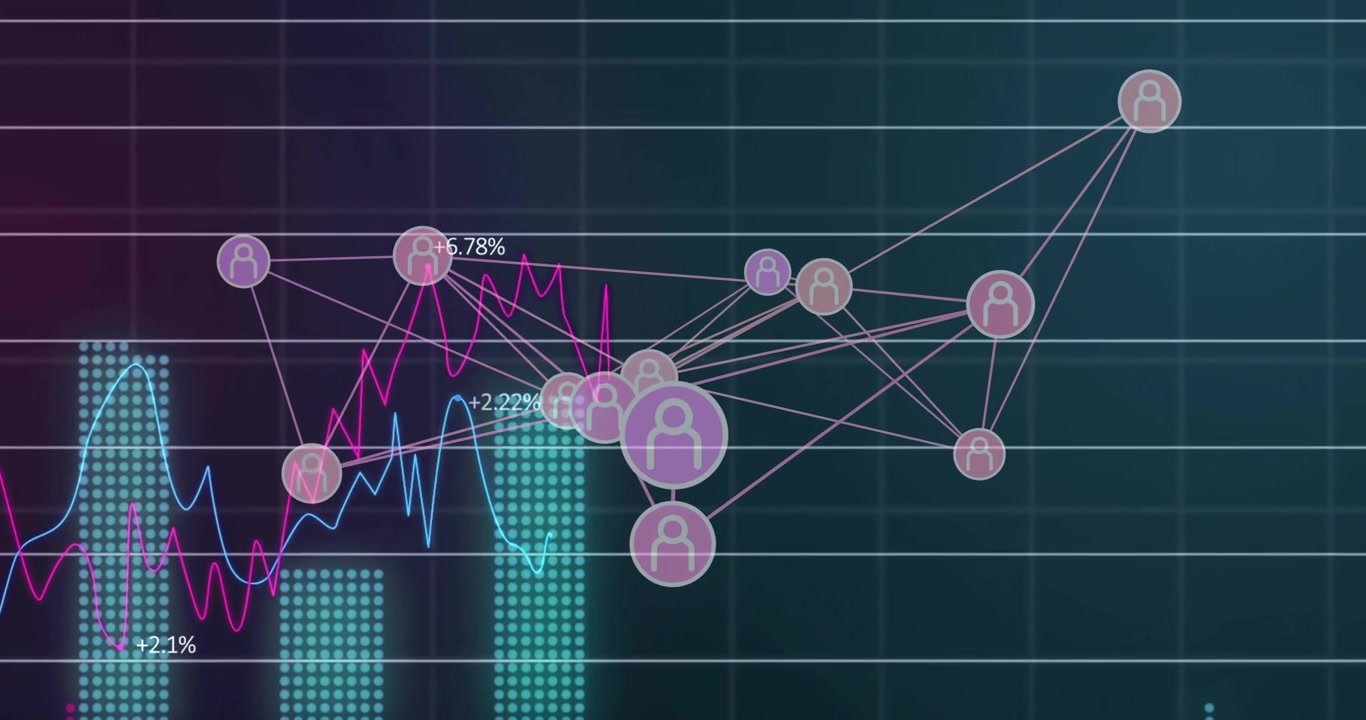 Animation of connections with icons and financial data processing over dark background