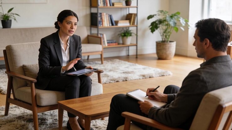 Leaning woman in blazer consulting tablet in office for assessment, man in suit writing notepad