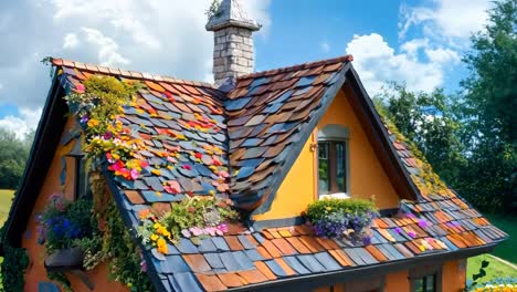 a small yellow house with a red roof surrounded by flowers