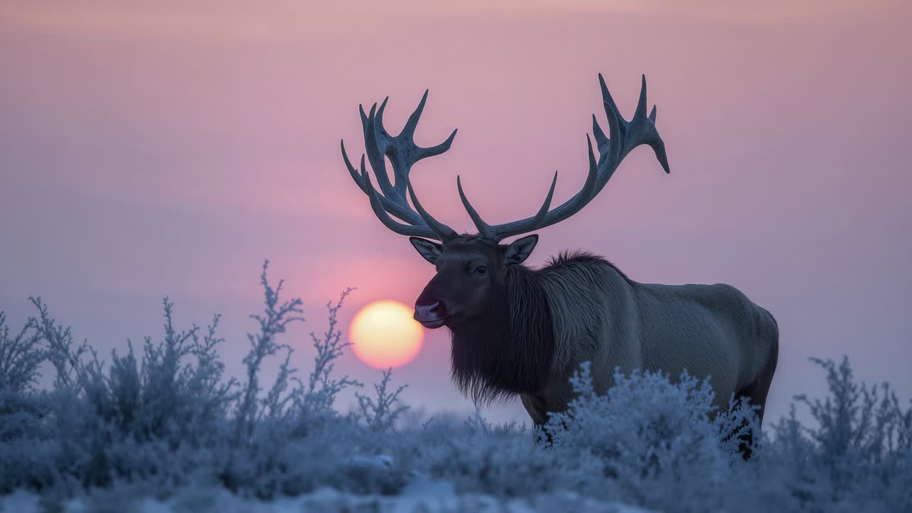 Tyr, der puster og skifter hovedet let til venstre på frostbeklædt salviebusksteppe med lav sol