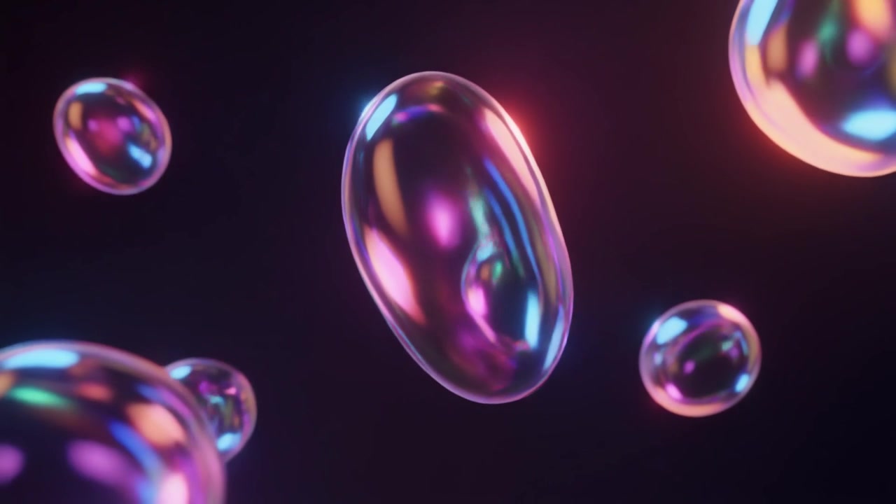 Bolle iridescenti fluttuanti astratte su sfondo scuro