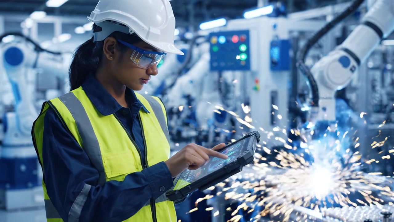 A skilled worker utilizing a tablet in a high-tech manufacturing facility, overseeing robotic machinery and modern production processes for enhanced efficiency and automation.