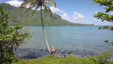 on a hawaiian beach, a woman in a pink bikini and straw hat captures the essence of tropical beauty