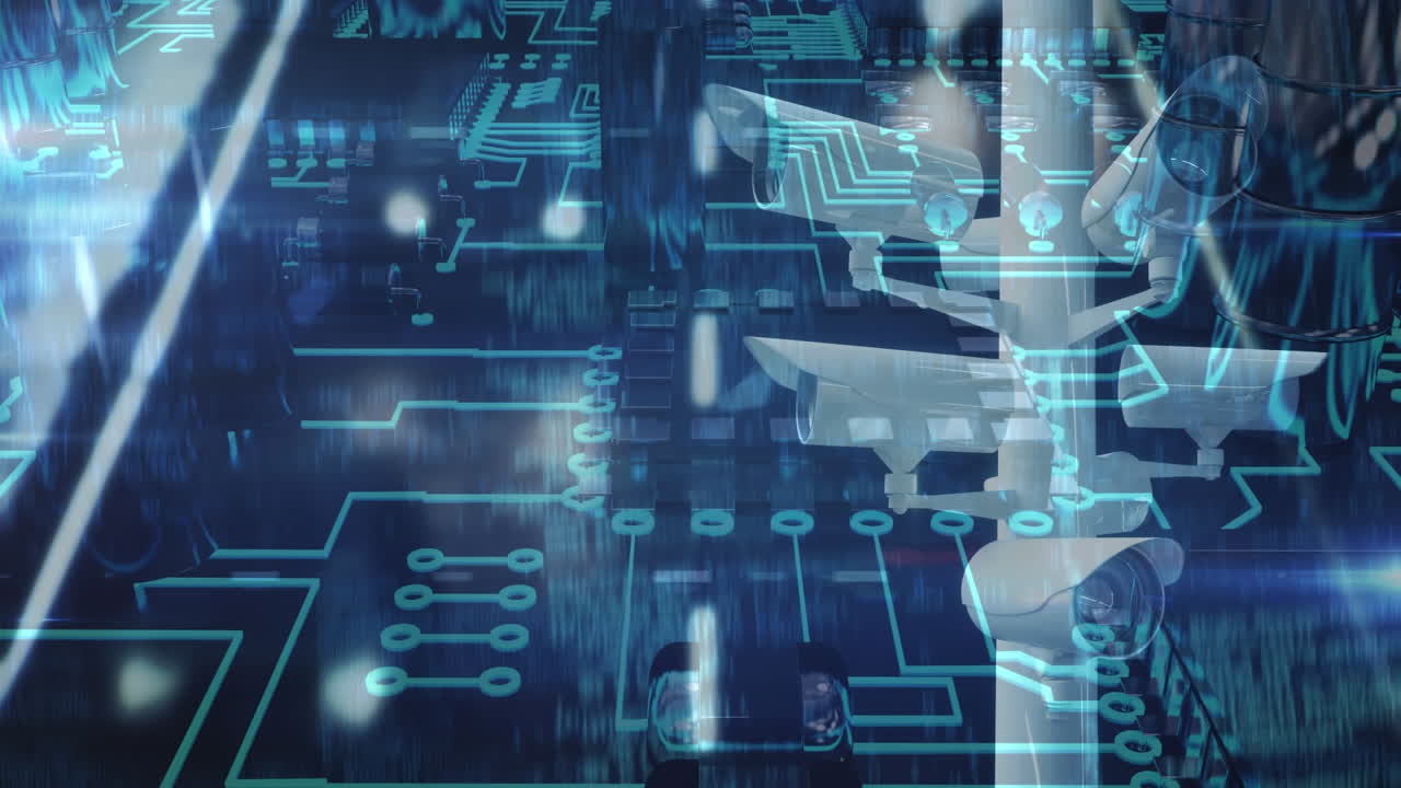 마이크로프로세서로 고속도로를 가로지르는 감시 카메라의 애니메이션