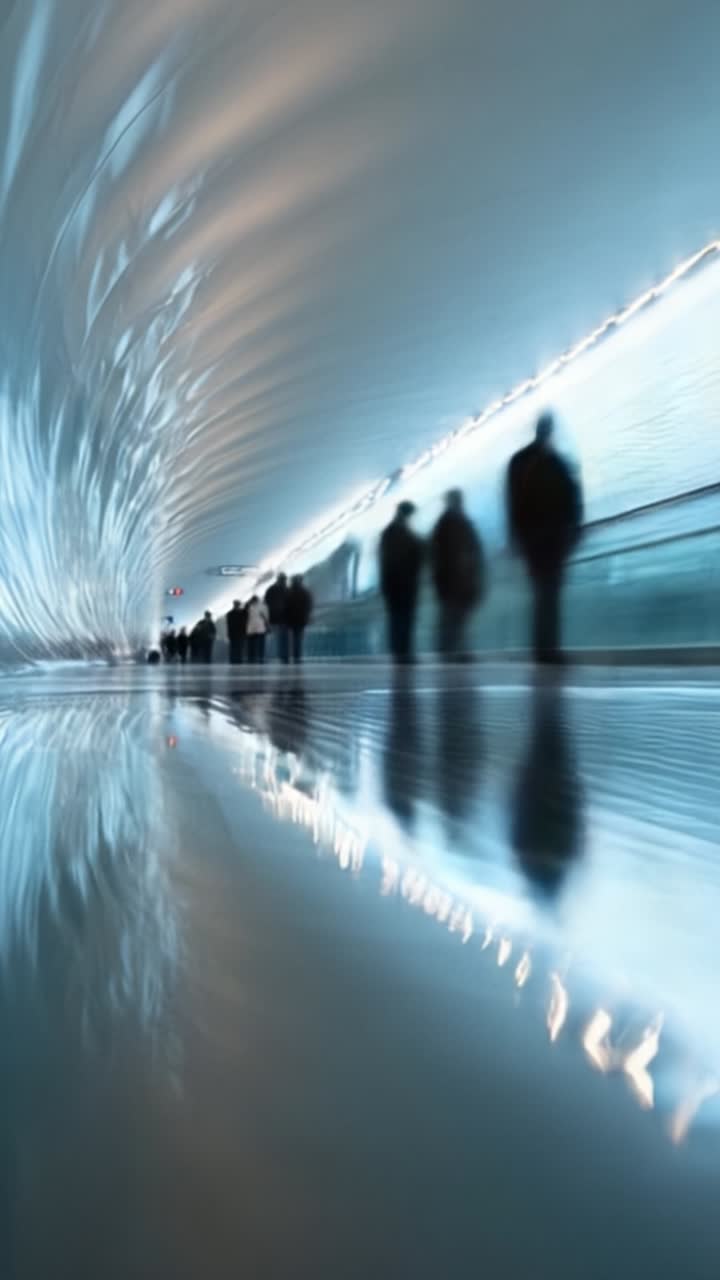 A Serene Transit Corridor Reflecting Soft Light and Movement with Passersby in a Modern Architectural Space, Captured in Two Consecutive Frames