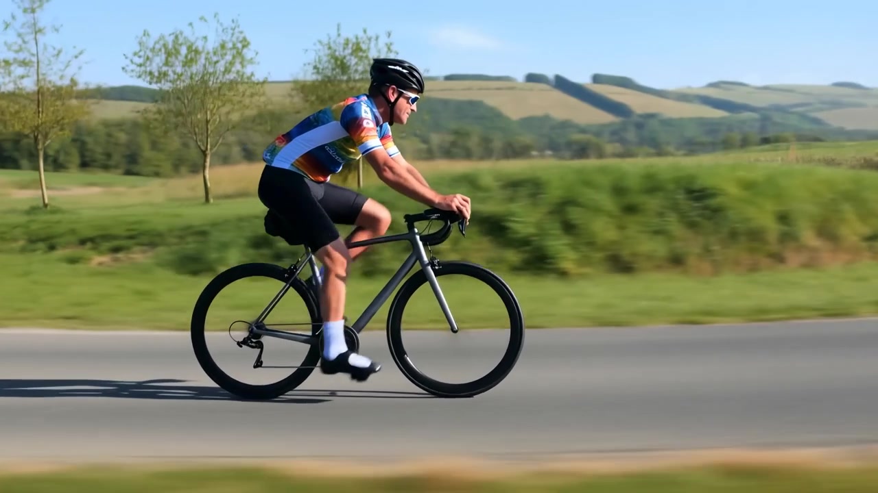 Ciclista maschio bianco pedala su una bici da corsa attraverso la campagna illuminata dal sole, indossando casco e maglia colorata, concentrato.