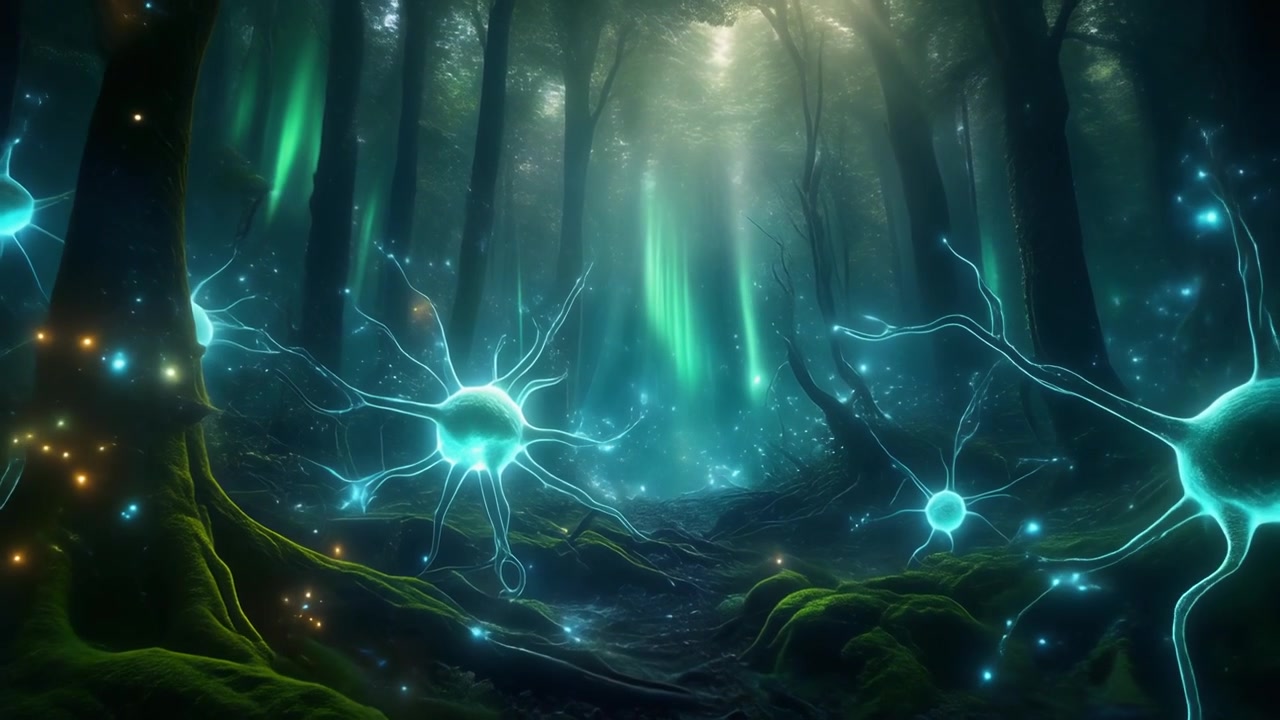 Glødende bioluminescerende neuroner, der svæver i en mystisk mørk skov
