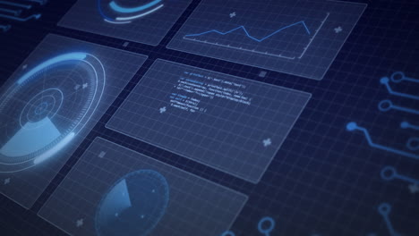 animation of statistics recording and scopes scanning on screens over grid