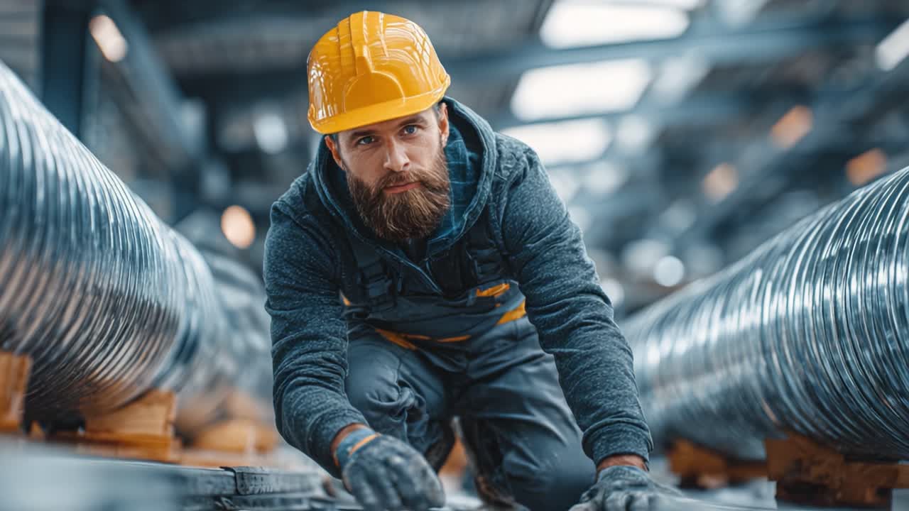 A Dedicated Construction Worker in a Hard Hat and Safety Gear Engages in Efficient Work Within an Industrial Environment Surrounded by Steel Pipes