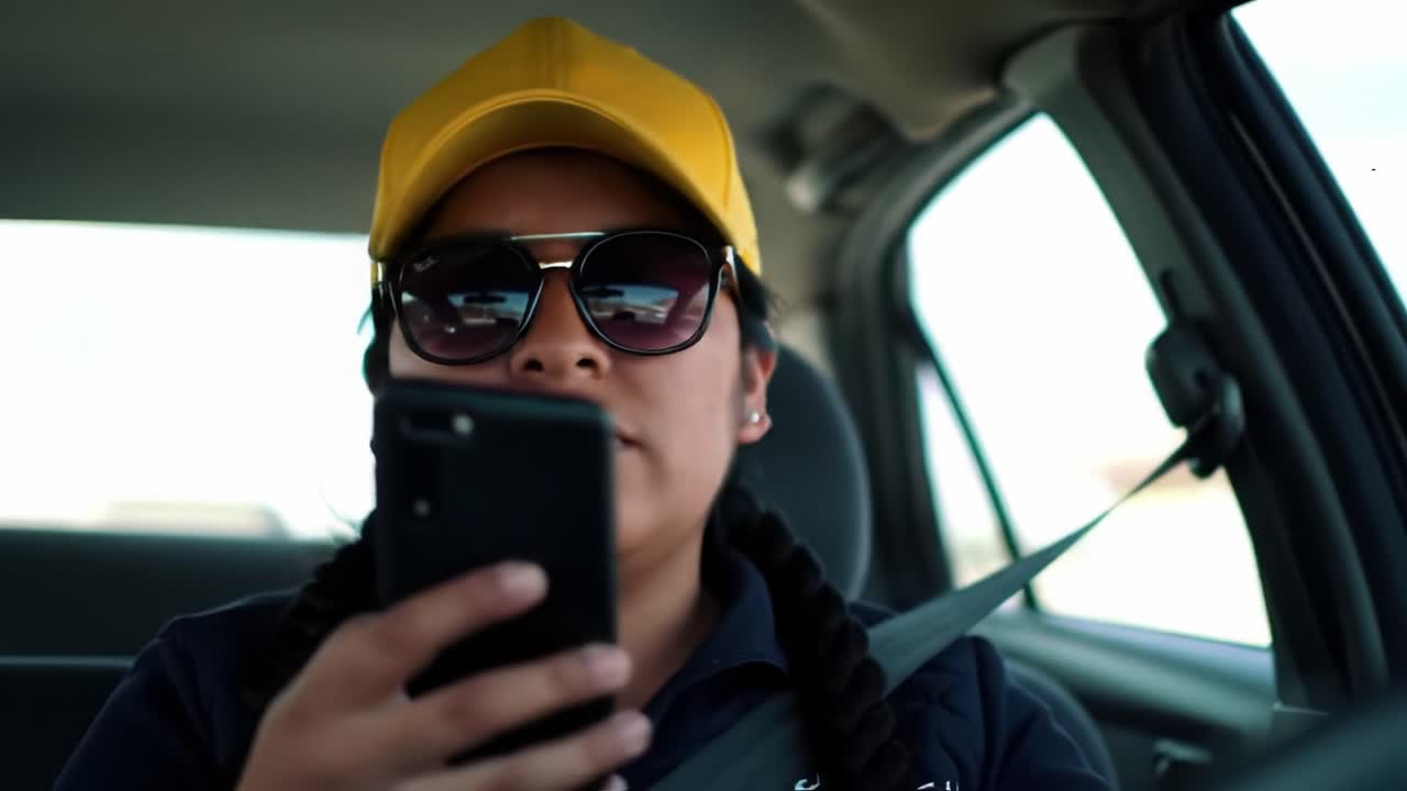 A focused individual in a car, wearing sunglasses and a yellow cap, intently looking at their smartphone while securely fastened with a seatbelt.