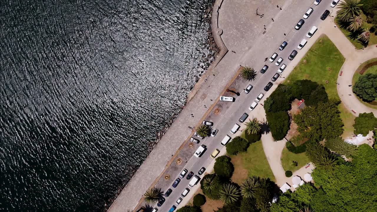 overhead view of seafront road lined with trees and parked vehicles