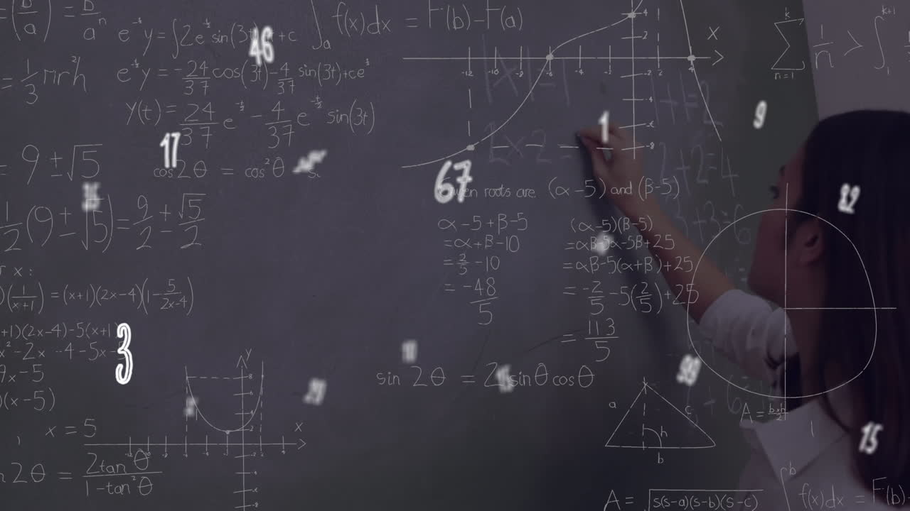 어두운 배경에 있는 백인 여성 위에 움직이는 수학 수식의 애니메이션