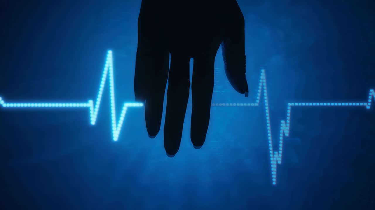 In risposta all'impulso in movimento, una mano in silhouette si abbassa verso il display medicale blu, toccando la forma d'onda