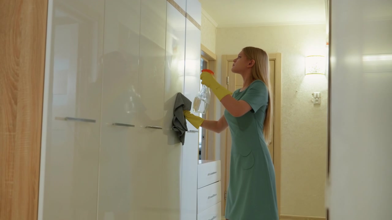 Donna bianca che pulisce la superficie di un armadio alto, pulizia diurna energica. Guanti gialli, bottiglia spray, passate rapide e decise, atmosfera da addetta alle pulizie professionale. Corridoio moderno, movimento efficiente, soddisfacente prima e dopo.