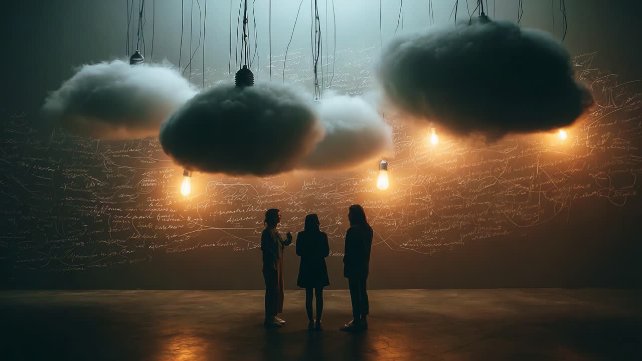 A Dreamy Atmosphere: Three Figures Engaged in Conversation Beneath Floating Clouds and Illuminated Light Bulbs, Creating a Surreal and Thought-Provoking Environment