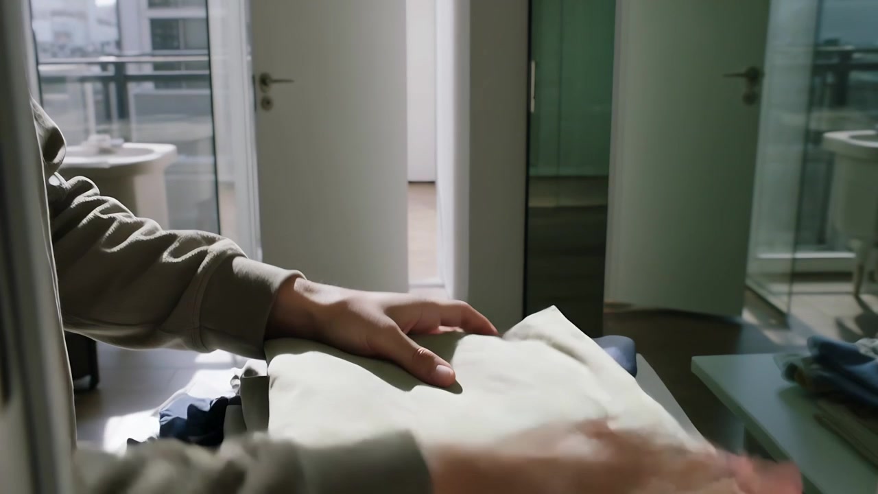 Através da fresta da porta, mãos adultas dobram cuidadosamente um suéter na mesa para guardar, pegando uma peça de roupa dobrada.