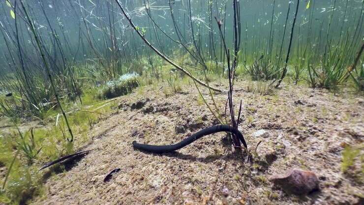 Horse leech (Haemopis sanguisuga) tries to catch a tadpole but fails. Estonia.