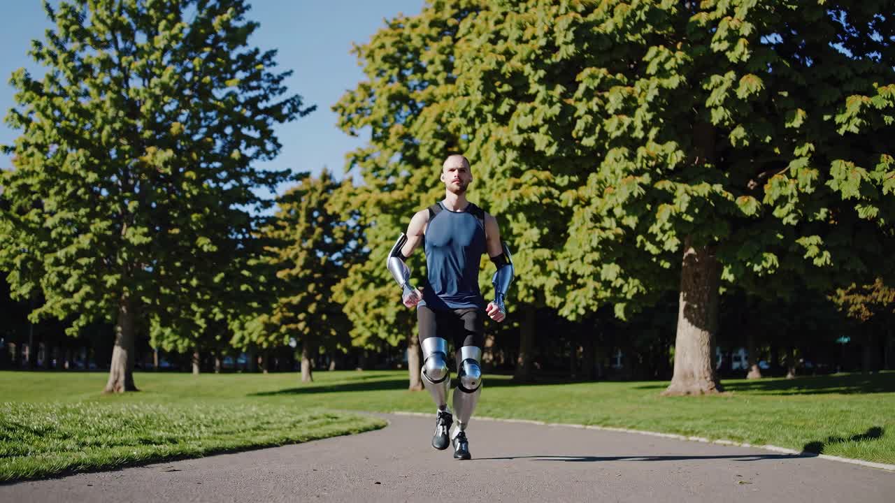 Man with Prosthetic Limbs Running in a Park