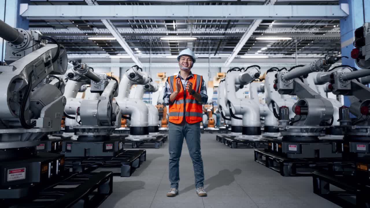 Factory Worker with Industrial Robots