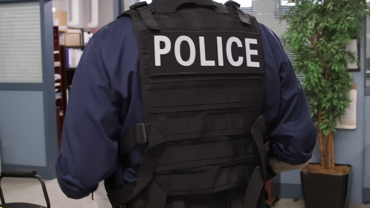 경찰이 경찰서에서 파일 상자를 들고 걸어가고 있습니다.